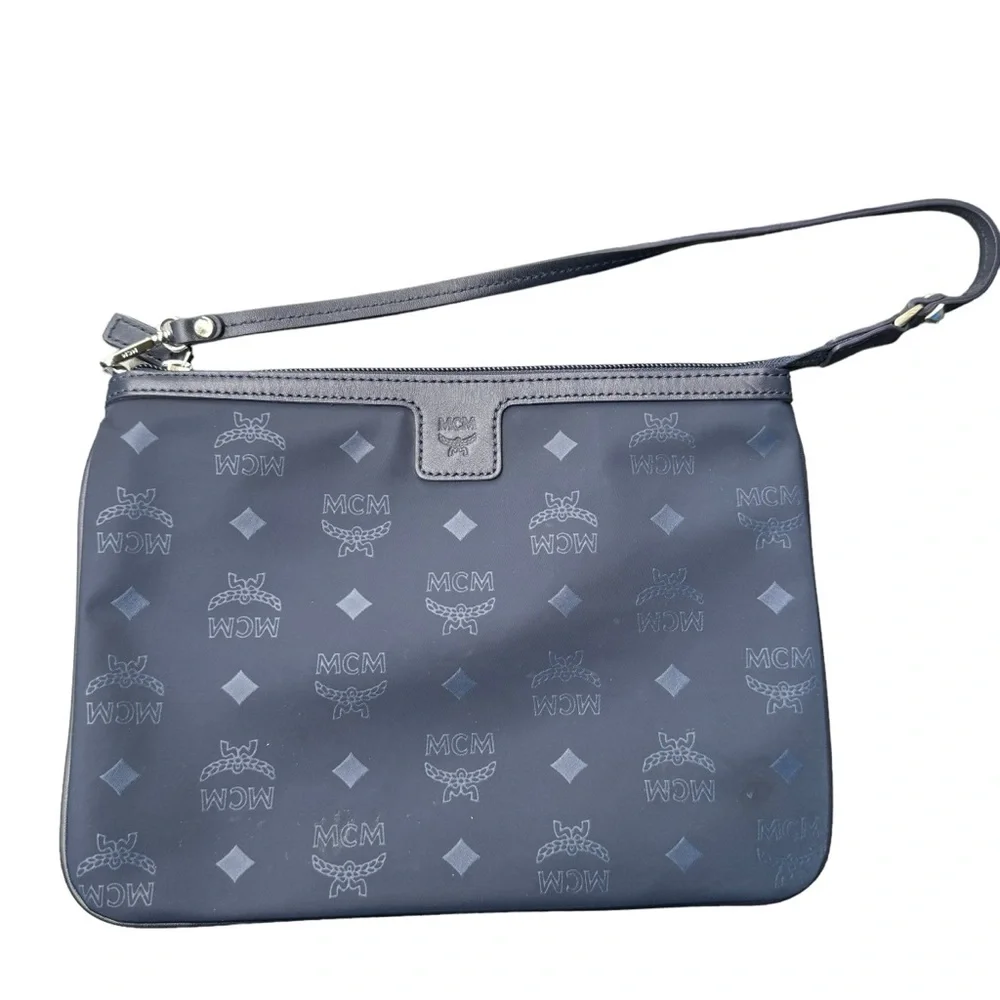 MCM Monogram Dieter Nylon Medium Shopper Tote Navy Blue EUC
